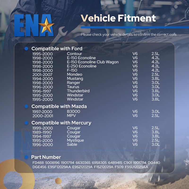 ENA Ignition Coil Pack Compatible with Ford Mazda Mercury F150 E150 E250 Econoline Mustang Ranger Taurus Windstar B3000 Cougar Mystique Sable Thunderbird 3.0L 3.8L 4.2L V6 Replacement For FD488 C901 - Image 3